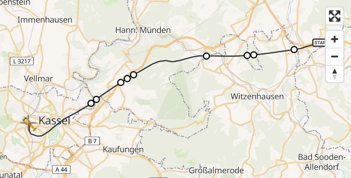 Flugroute Rettungshubschrauber Friedland - Kassel, 09 Juli 2026, 10:45