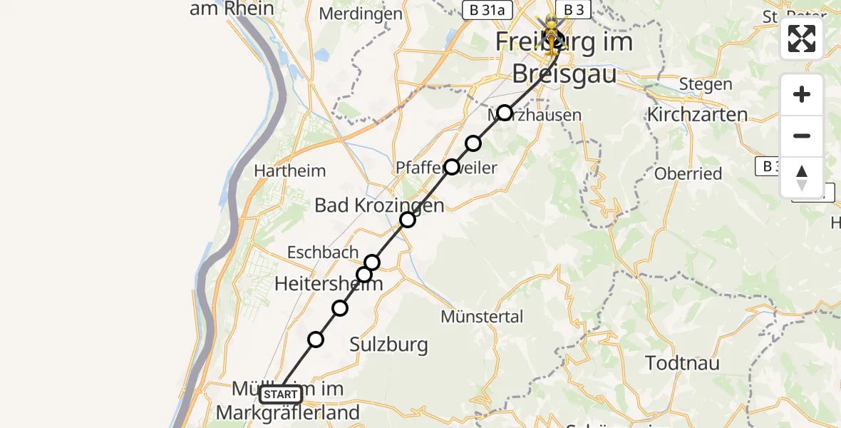 Flugroute Rettungshubschrauber Müllheim im Markgräflerland - Freiburg University Hospital Heliport 1, 09 Juli 2026, 10:48