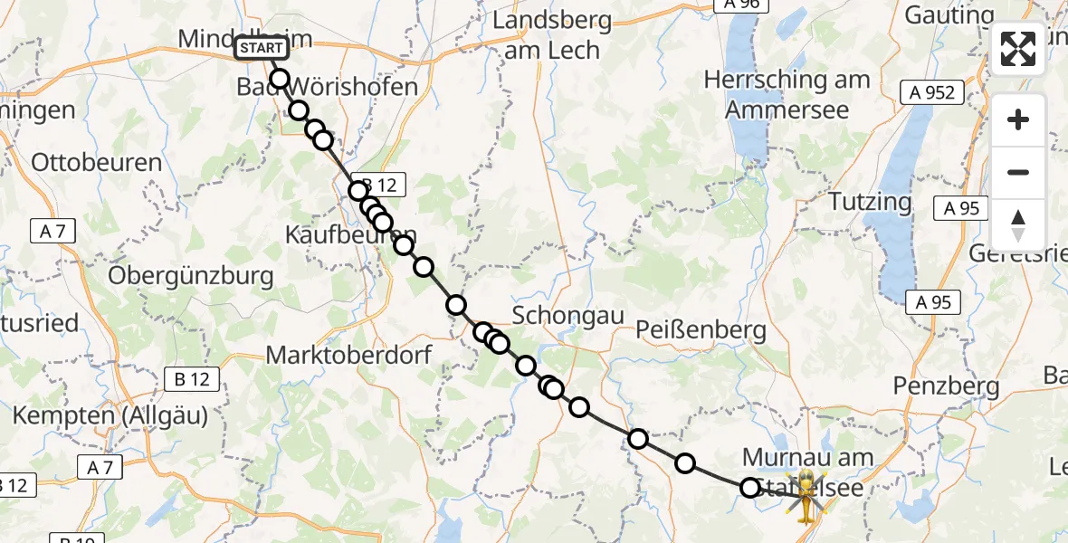 Flugroute Rettungshubschrauber Mindelheim - Murnau a.Staffelsee, 09 Juli 2026, 10:48