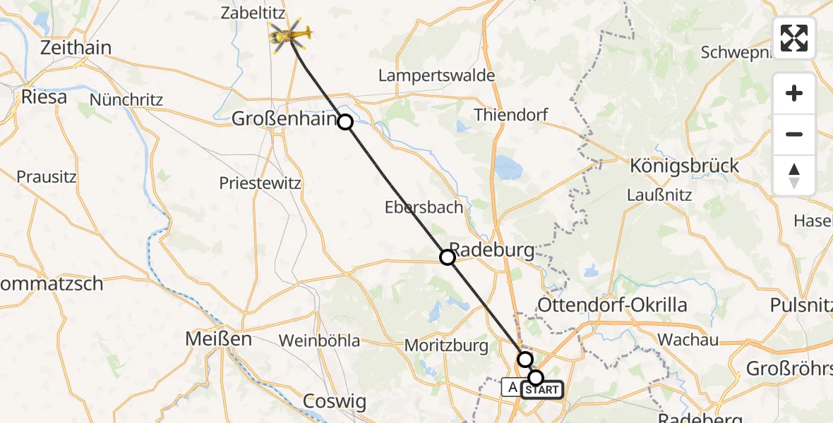 Flugroute Rettungshubschrauber Dresden Bundespolizei Hubschrauberlandeplatz - Großenhain, 09 Juli 2026, 10:52