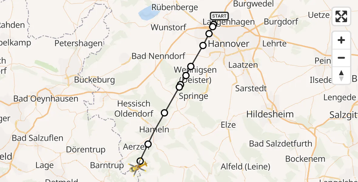 Flugroute Rettungshubschrauber Flughafen Hannover - Bad Pyrmont, 09 Juli 2026, 10:53