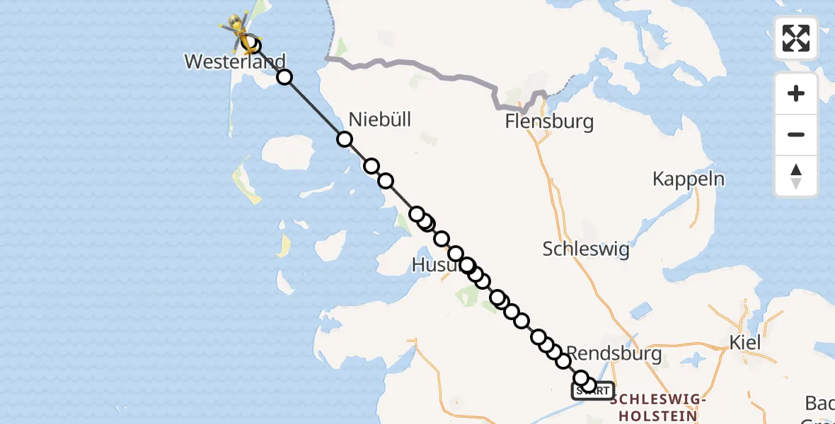 Flugroute Ambulanzhubschrauber Hörsten - Kampen (Sylt), 09 Juli 2026, 10:55