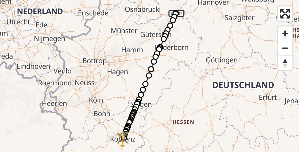 Flugroute Rettungshubschrauber Porta Westfalica Flugplatz - Koblenz, 09 Juli 2026, 11:01