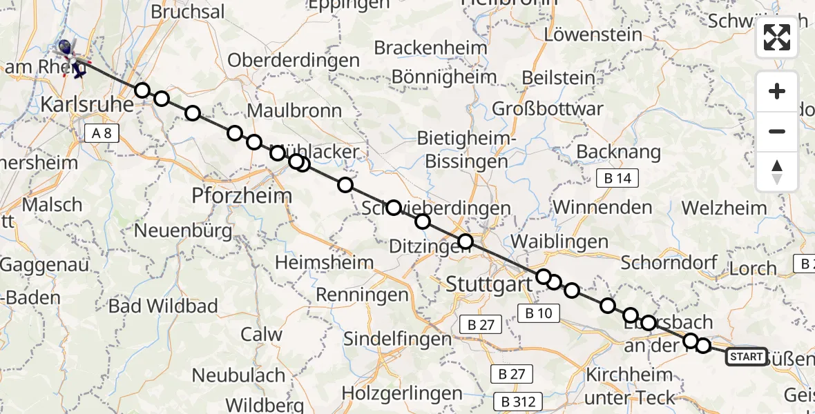 Flugroute Polizeihubschrauber Göppingen - Karlsruhe, 09 Juli 2026, 11:02