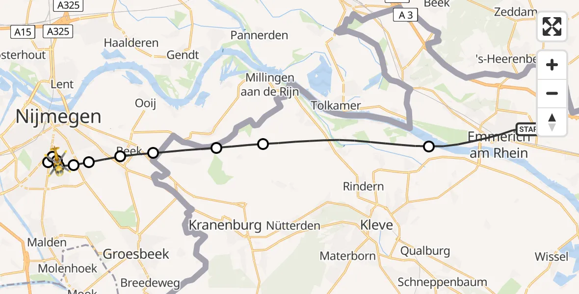 Flugroute Rettungshubschrauber Emmerich am Rhein - Radboud University Medical Center Heliport, 09 Juli 2026, 11:03