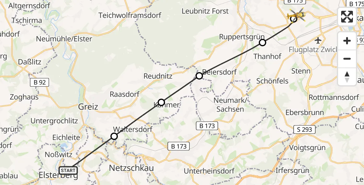 Flugroute Rettungshubschrauber Elsterberg - ADAC Air Rescue Station Zwickau Hubschrauberlandeplatz, 09 Juli 2026, 11:07
