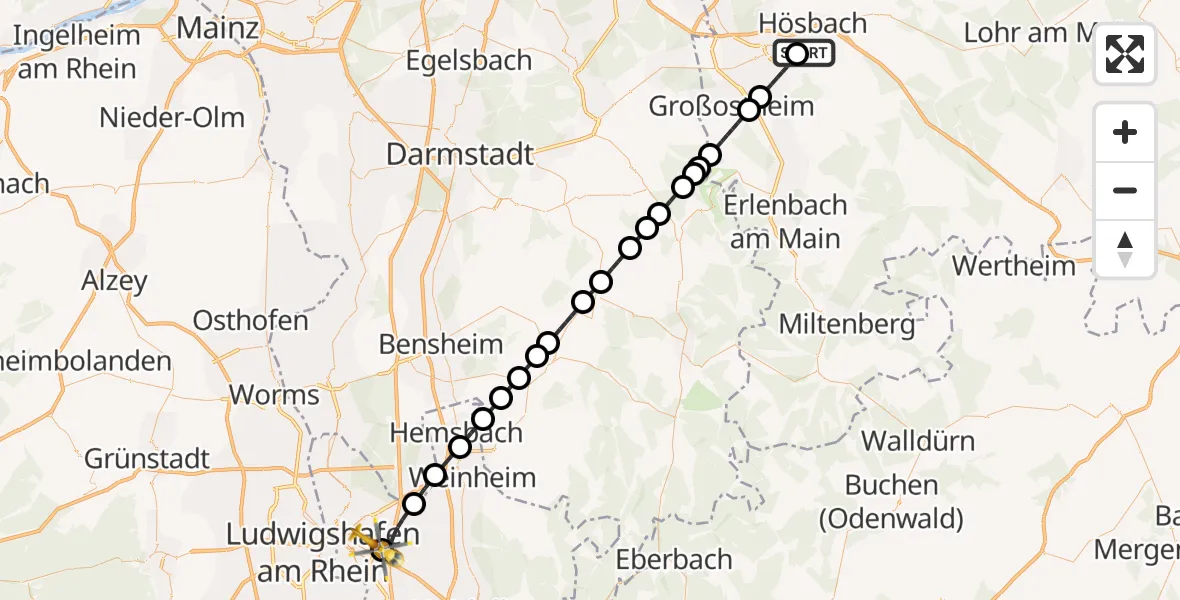 Flugroute Rettungshubschrauber Aschaffenburg Hospital - Mannheim-City Flughafen, 09 Juli 2026, 11:07