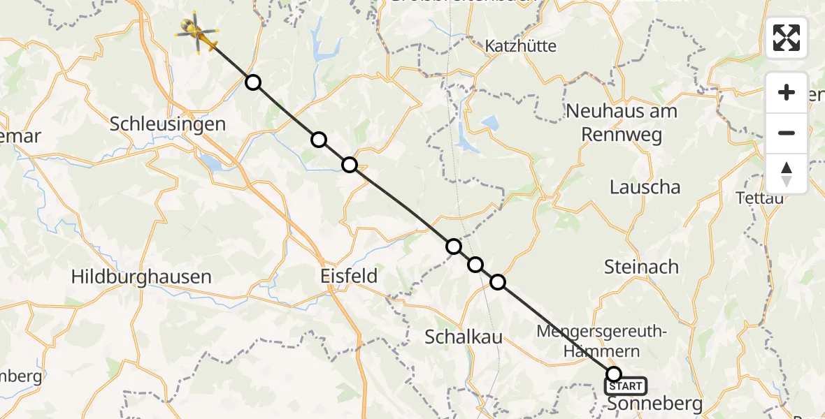 Flugroute Rettungshubschrauber Sonneberg - Schleusingen, 09 Juli 2026, 11:08