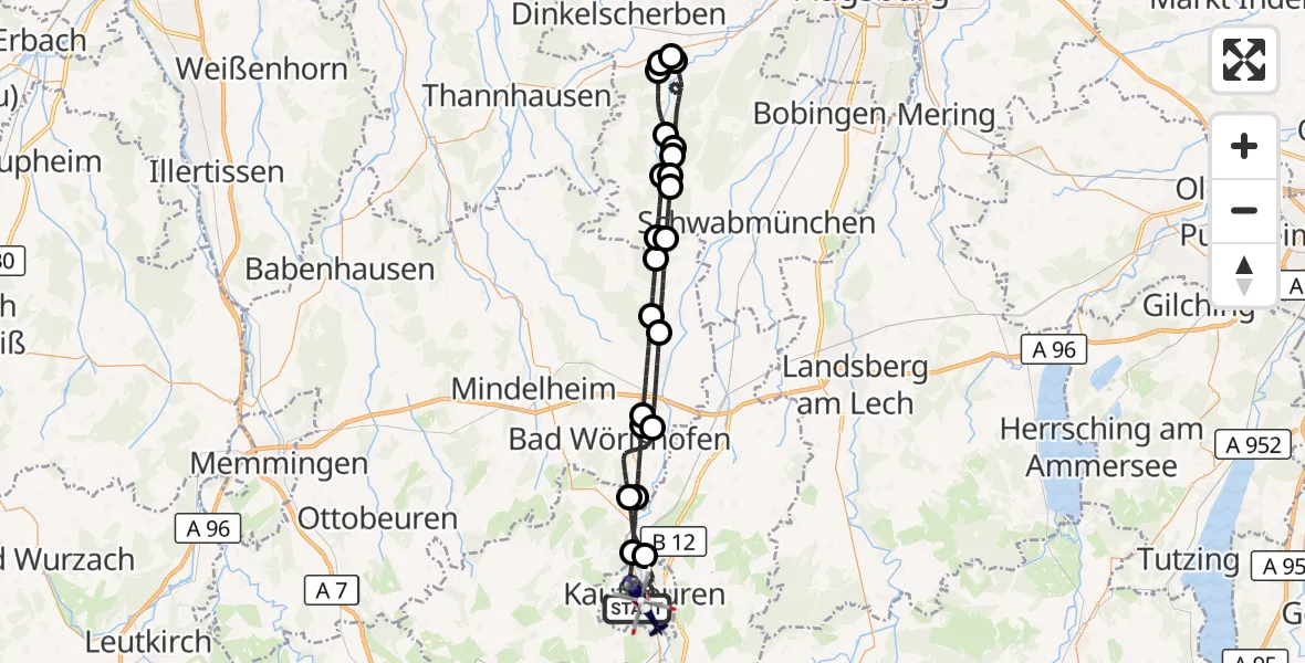 Flugroute Polizeihubschrauber Kaufbeuren - Kaufbeuren, 09 Juli 2026, 11:13