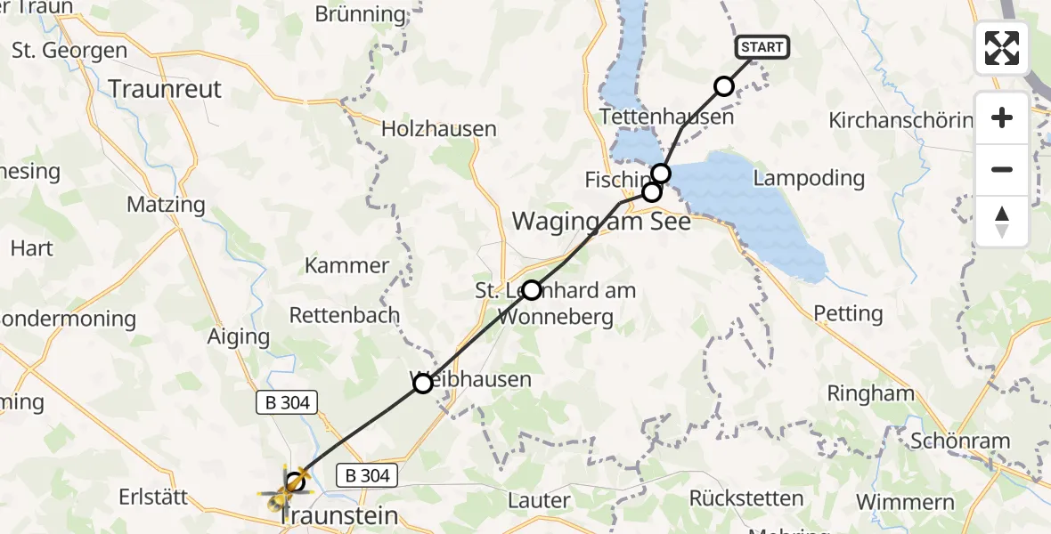 Flugroute Rettungshubschrauber Fridolfing - Traunstein Hospital, 09 Juli 2026, 11:17