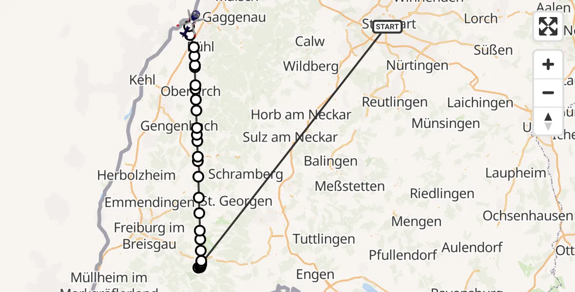 Flugroute Polizeihubschrauber Stuttgart - Karlsruhe Baden-Baden Flughafen, 09 Juli 2026, 11:21