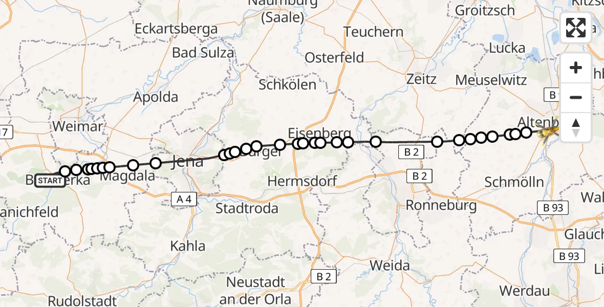 Flugroute Ambulanzhubschrauber Bad Berka - Altenburg, 09 Juli 2026, 11:25