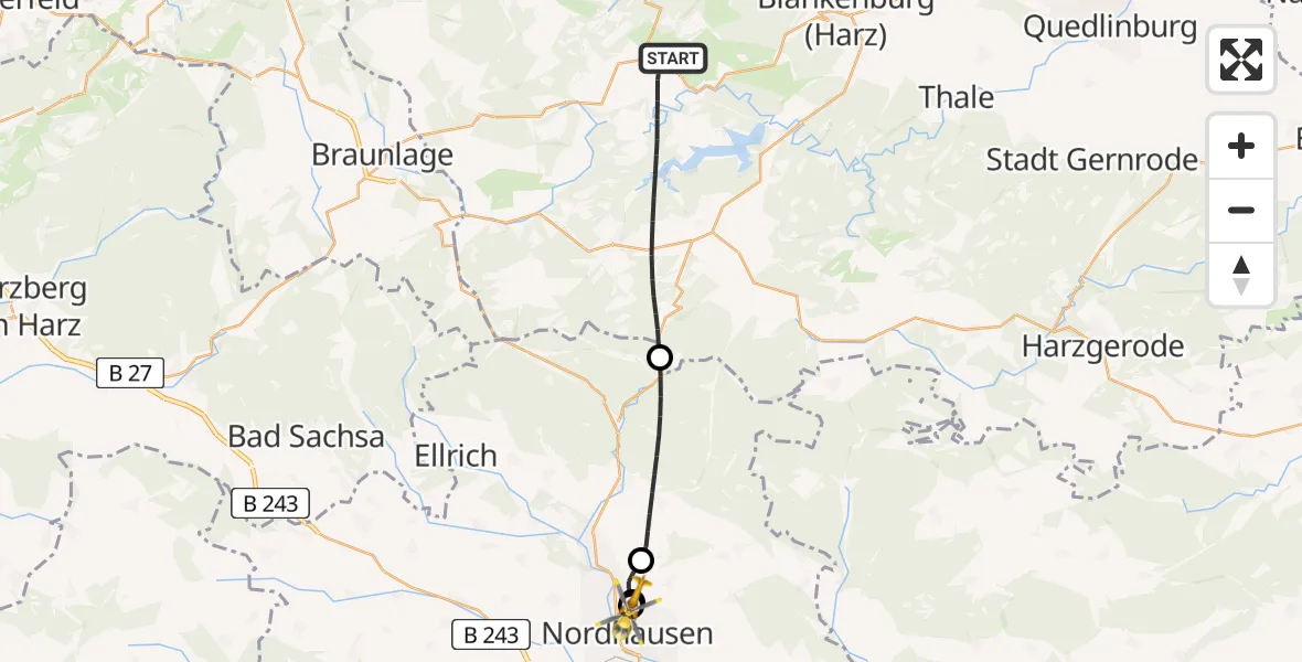 Flugroute Rettungshubschrauber Oberharz am Brocken - Südharz Hospital Nordhausen, 09 Juli 2026, 11:27