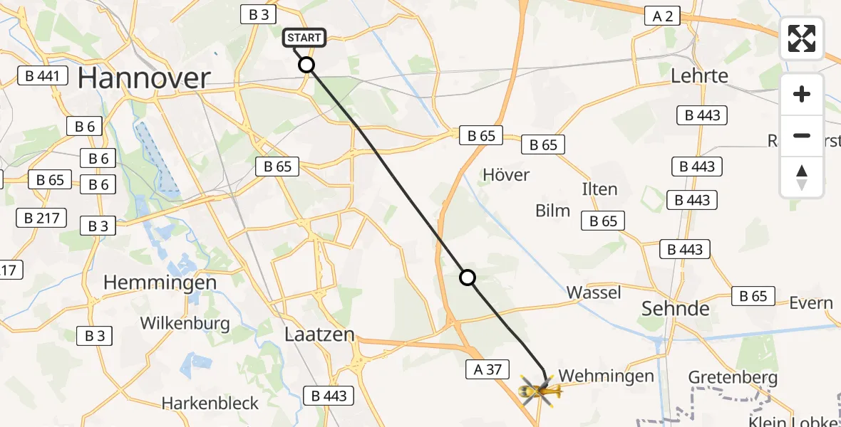 Flugroute Rettungshubschrauber Hannover Luftrettung Hubschrauberlandeplatz (Christoph 4) - Sehnde, 09 Juli 2026, 11:28