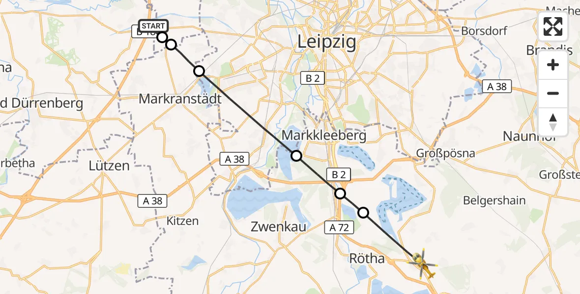 Flugroute Rettungshubschrauber ADAC Air Rescue Station Leipzig/Schkeuditz-Dölzig Hubschrauberlandeplatz (Christoph 61) - Rötha, 09 Juli 2026, 11:32