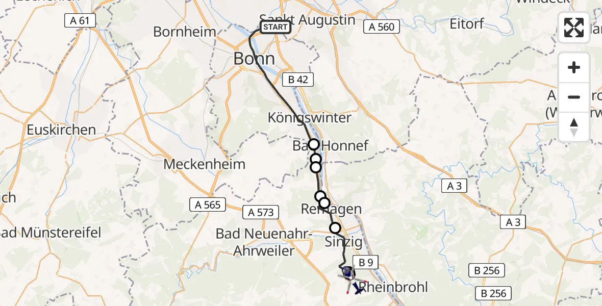 Flugroute Polizeihubschrauber Bonn - Bad Breisig, 09 Juli 2026, 11:32