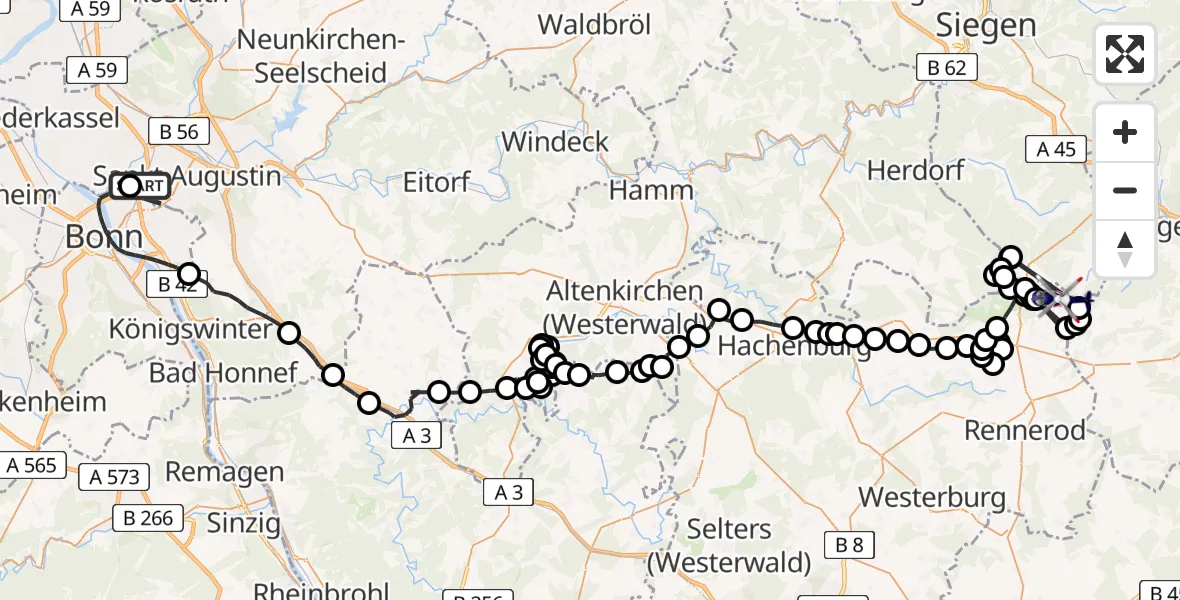 Flugroute Polizeihubschrauber Sankt Augustin - Liebenscheid, 09 Juli 2026, 11:34