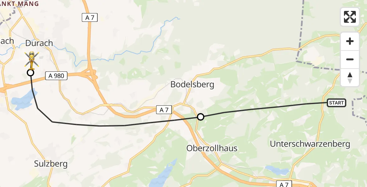 Flugroute Rettungshubschrauber Oy-Mittelberg - Kempten-Durach Flugplatz, 09 Juli 2026, 11:47