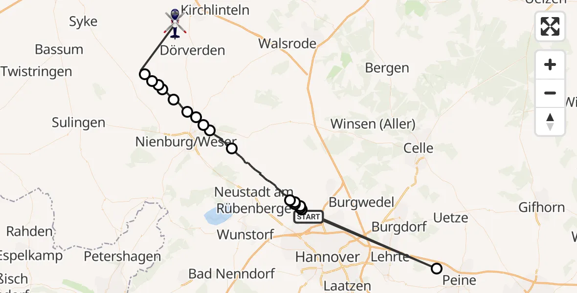 Flugroute Polizeihubschrauber Flughafen Hannover - Hilgermissen, 09 Juli 2026, 11:48