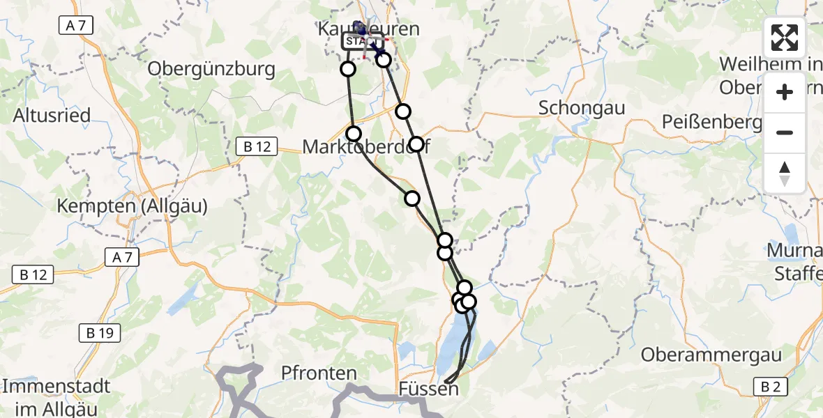 Flugroute Polizeihubschrauber Kaufbeuren - Kaufbeuren, 09 Juli 2026, 11:49
