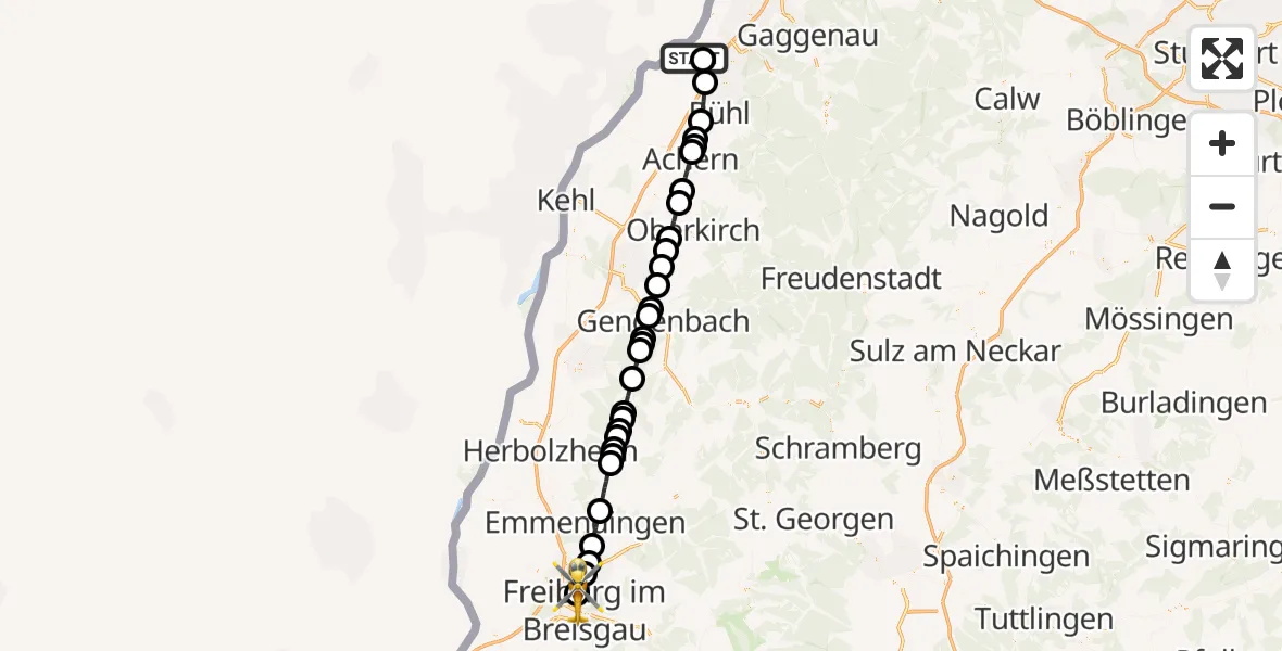 Flugroute Ambulanzhubschrauber Karlsruhe Baden-Baden Flughafen - Freiburg im Breisgau Flugplatz, 09 Juli 2026, 11:51