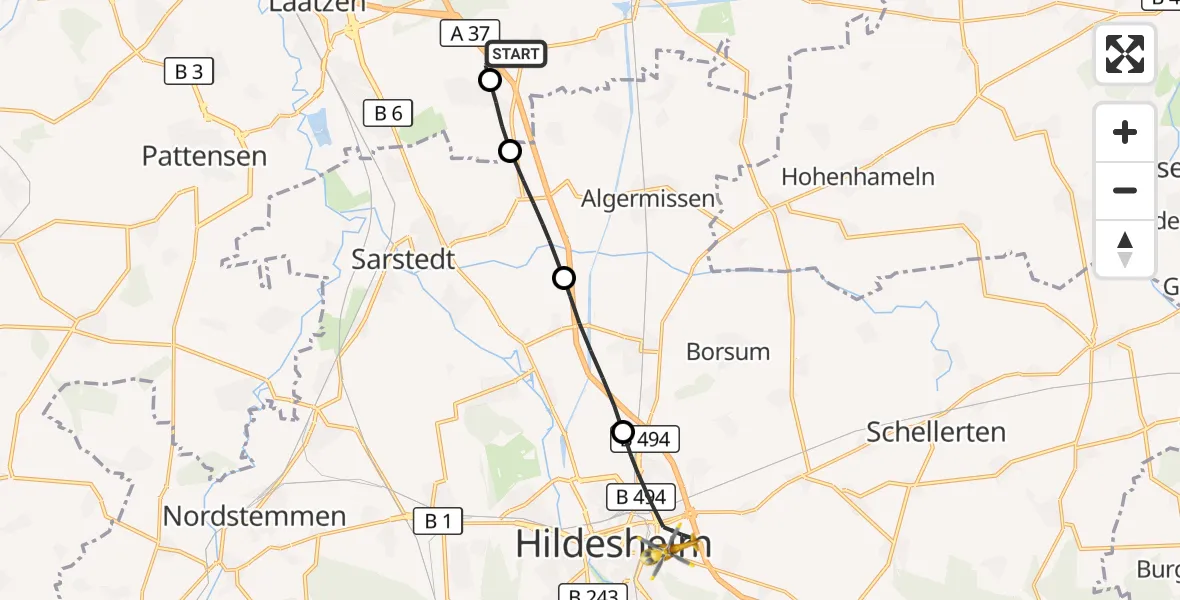 Flugroute Rettungshubschrauber Sehnde - Hildesheim, 09 Juli 2026, 11:52