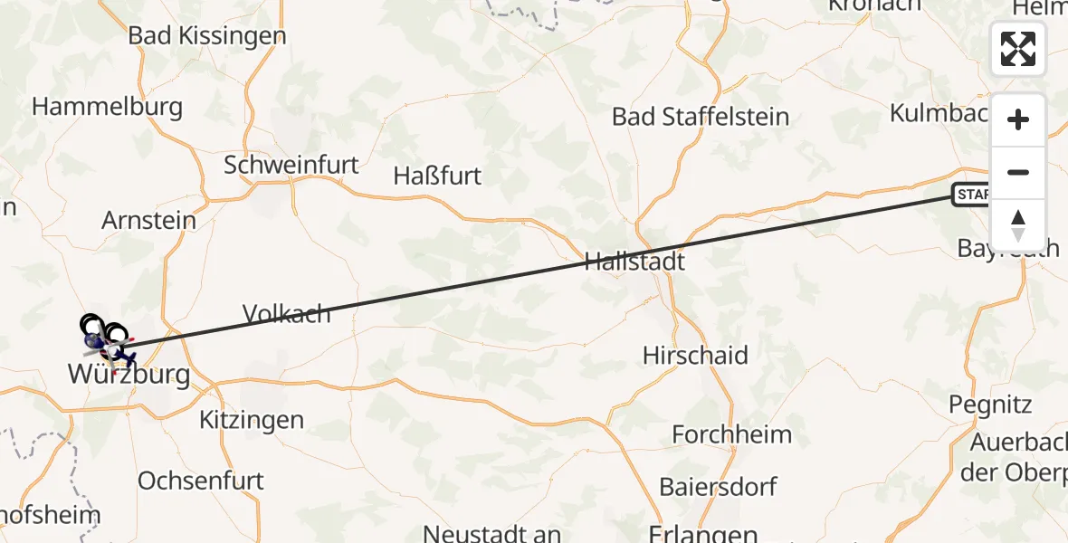 Flugroute Polizeihubschrauber Neudrossenfeld - Würzburg-Schenkenturm Flugplatz, 09 Juli 2026, 11:54