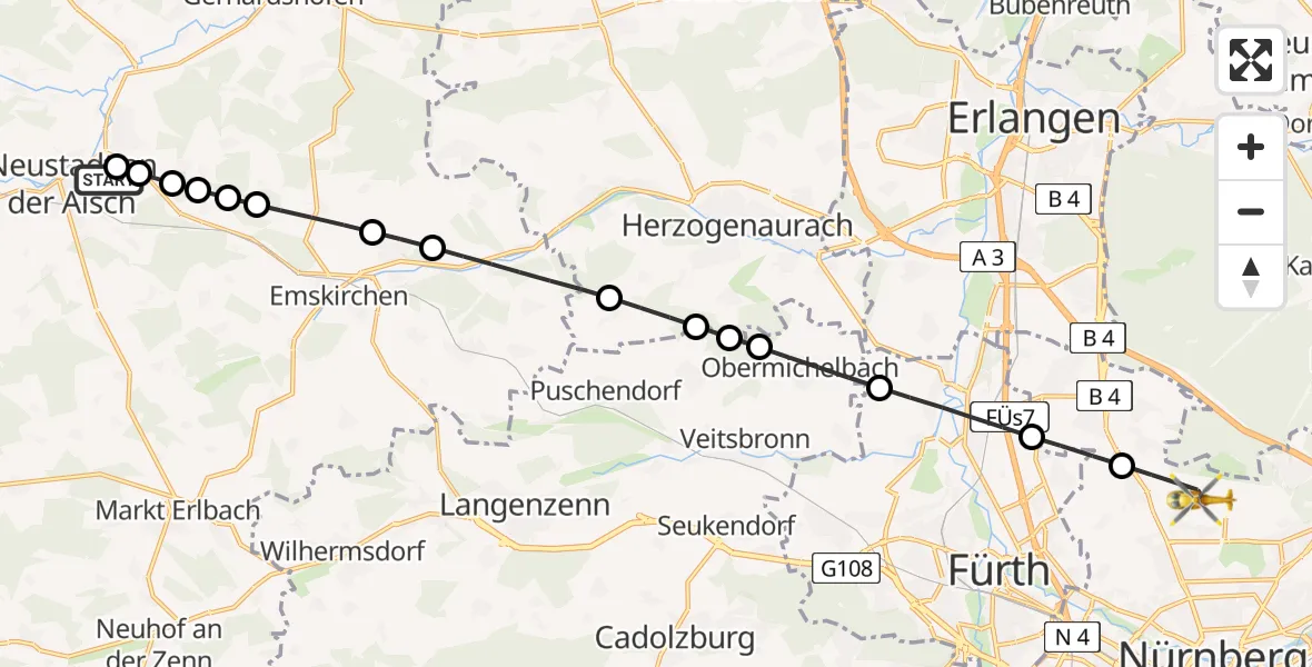 Flugroute Ambulanzhubschrauber Neustadt Hospital - Flughafen Nuremberg, 09 Juli 2026, 11:54