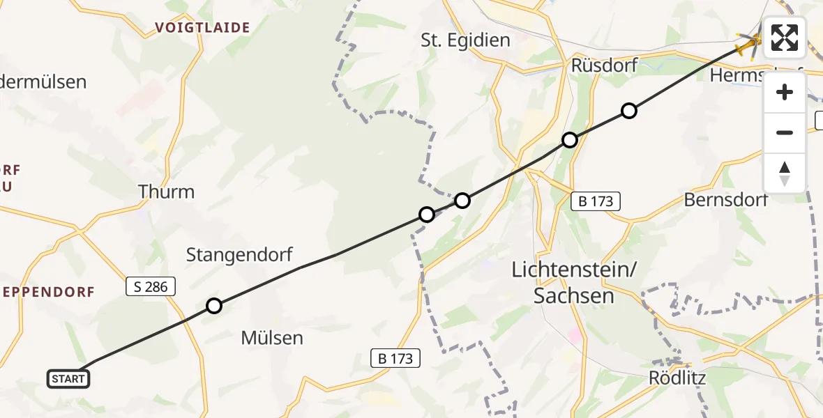 Flugroute Rettungshubschrauber Zwickau - Bernsdorf, 09 Juli 2026, 11:58