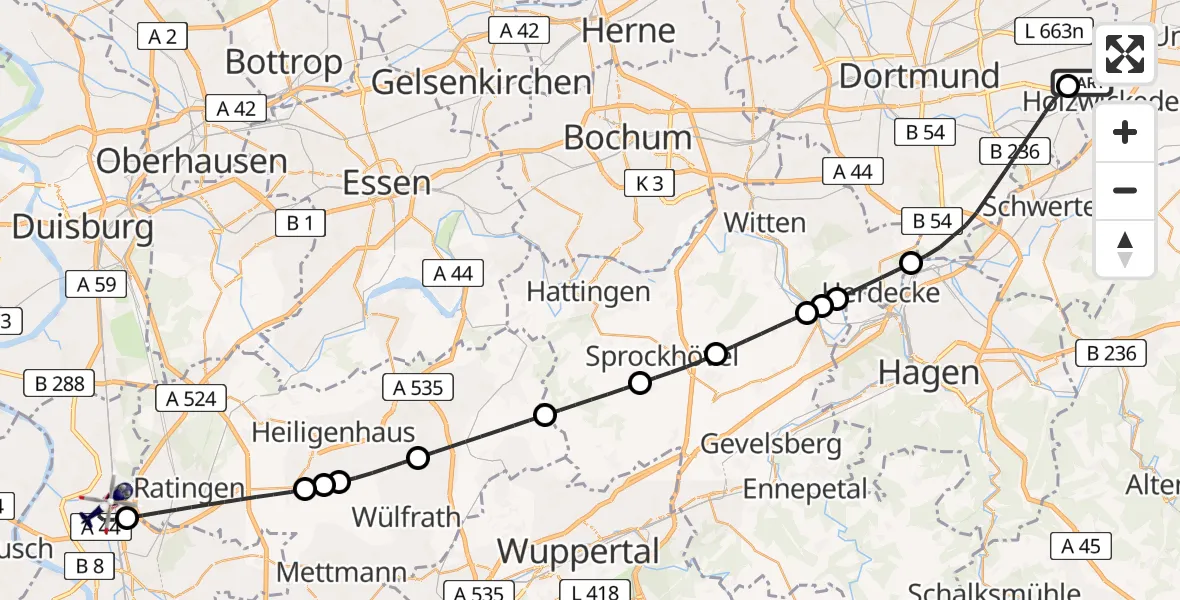 Flugroute Polizeihubschrauber Dortmund Flughafen - Düsseldorf Flughafen, 09 Juli 2026, 12:04
