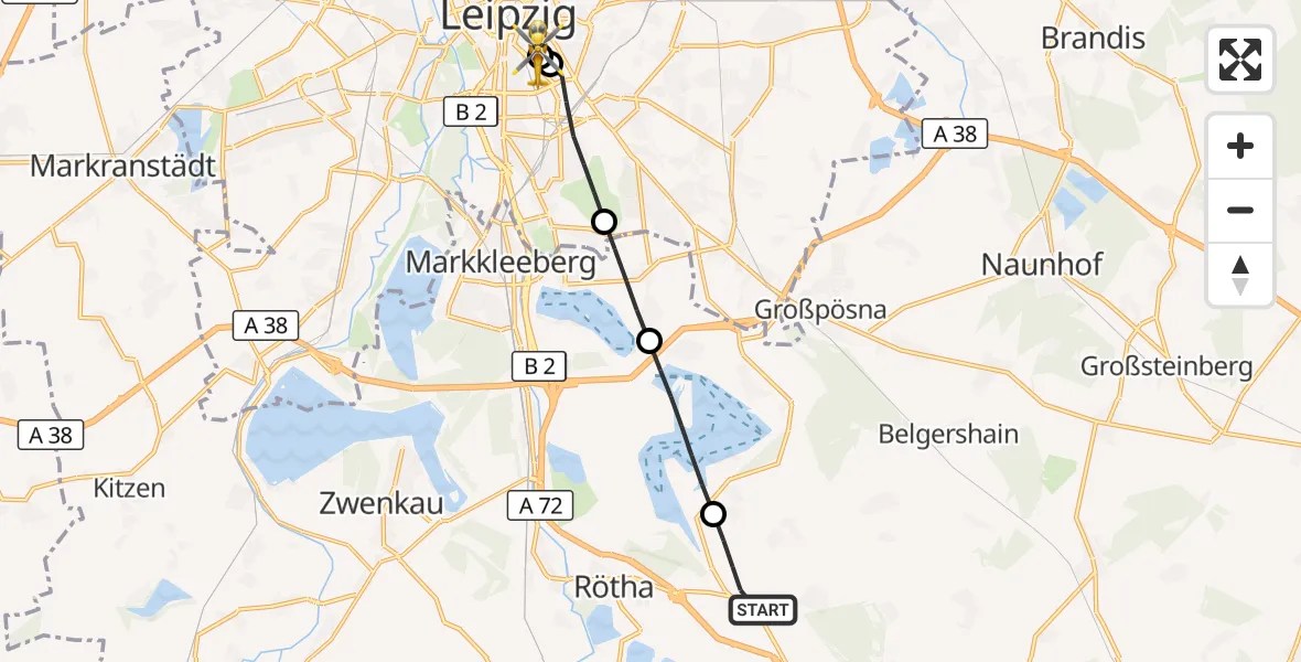 Flugroute Rettungshubschrauber Rötha - Leipzig University Hospital Heliport 1, 09 Juli 2026, 12:05