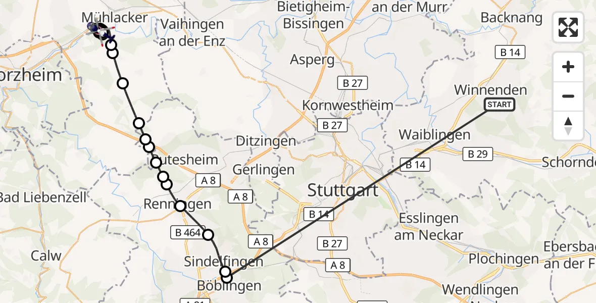 Flugroute Polizeihubschrauber Winnenden - Hangensteiner Hof Flugplatz, 09 Juli 2026, 12:07