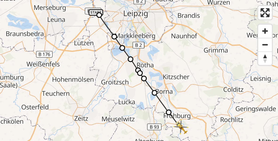 Flugroute Rettungshubschrauber Schkeuditz - Frohburg, 09 Juli 2026, 12:12