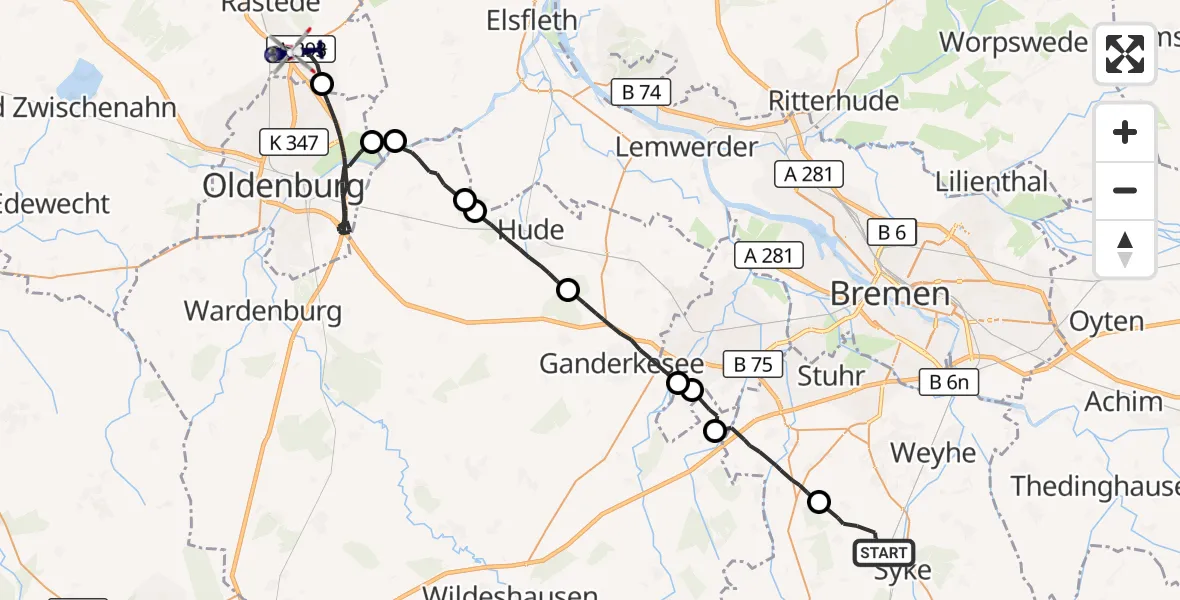 Flugroute Polizeihubschrauber Syke - Rastede, 09 Juli 2026, 12:13