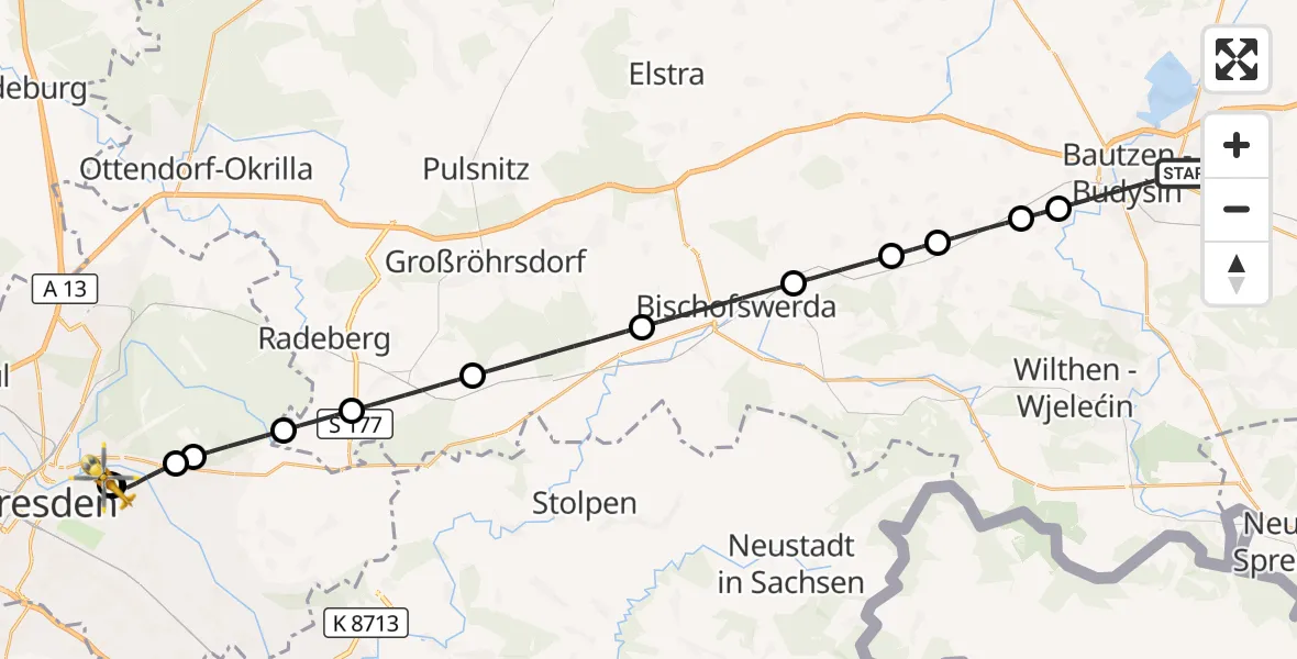 Flugroute Rettungshubschrauber Bautzen - Dresden University Hospital, 09 Juli 2026, 12:13