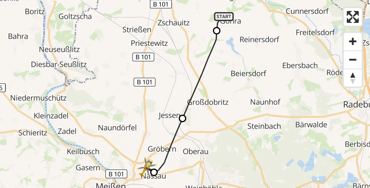 Flugroute Rettungshubschrauber Ebersbach - Meißen, 09 Juli 2026, 12:14