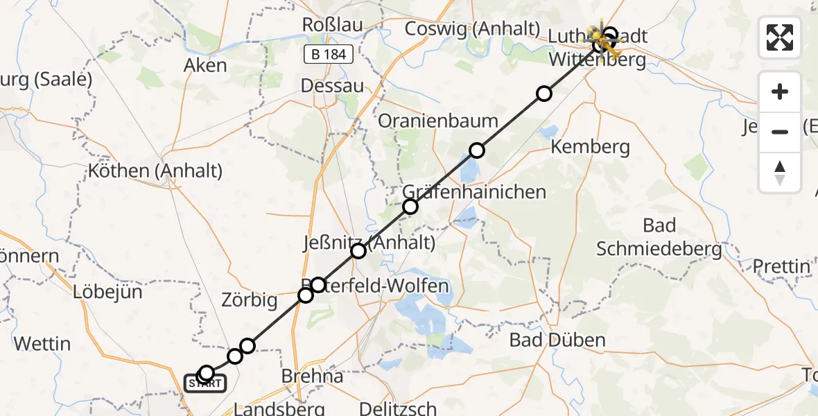 Flugroute Rettungshubschrauber Halle-Oppin Flugplatz - Paul-Gerhardt-Stift Evangelical Hospital, 09 Juli 2026, 12:18