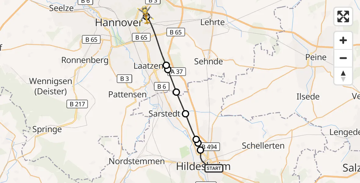 Flugroute Rettungshubschrauber Hildesheim - Hannover Luftrettung Hubschrauberlandeplatz (Christoph 4), 09 Juli 2026, 12:19
