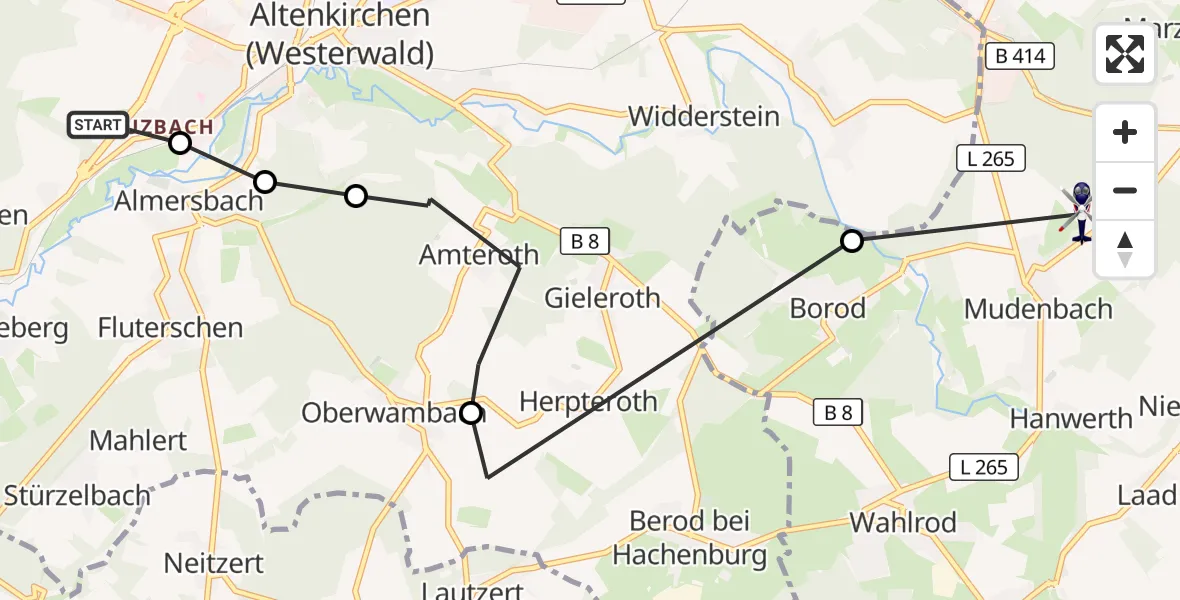 Flugroute Polizeihubschrauber Altenkirchen (Westerwald) - Mudenbach, 09 Juli 2026, 12:20
