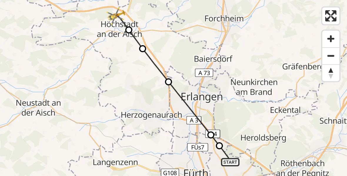 Flugroute Ambulanzhubschrauber Flughafen Nuremberg - Höchstadt a.d.Aisch, 09 Juli 2026, 12:24
