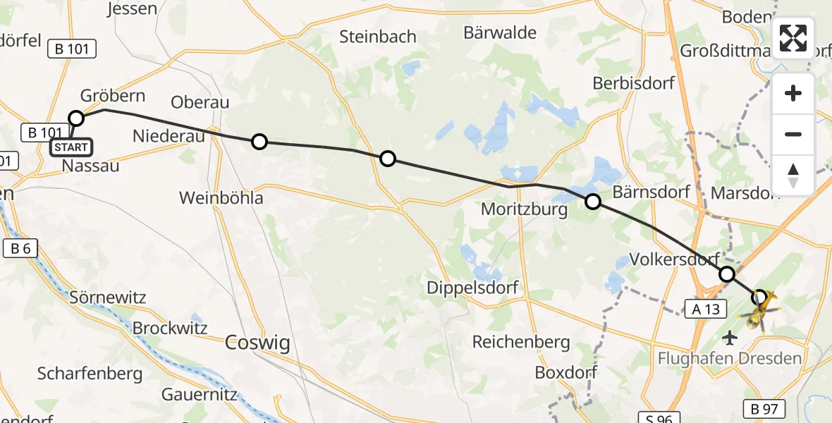 Flugroute Rettungshubschrauber Meißen - Dresden Bundespolizei Hubschrauberlandeplatz, 09 Juli 2026, 12:32