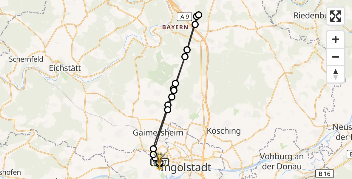 Flugroute Rettungshubschrauber Ingolstadt Hospital - Ingolstadt Hospital, 09 Juli 2026, 12:34