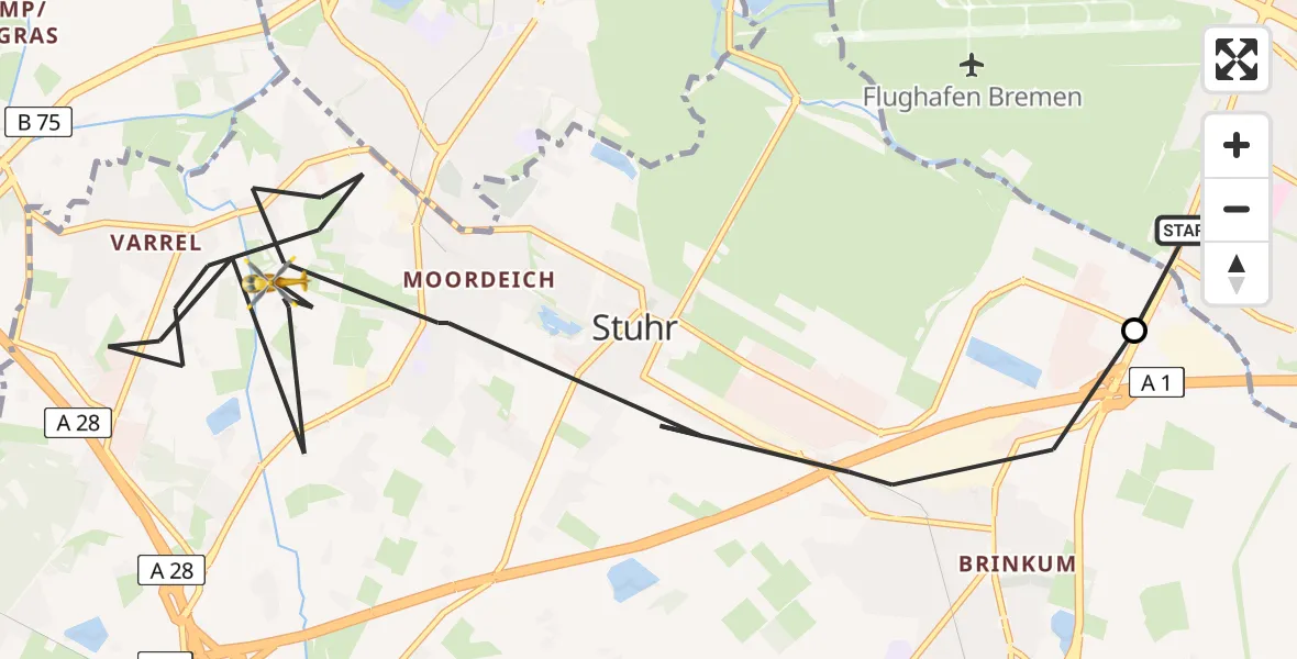 Flugroute Rettungshubschrauber ADAC Air Rescue Station Bremen Hubschrauberlandeplatz (Christoph 6) - Stuhr, 09 Juli 2026, 12:41