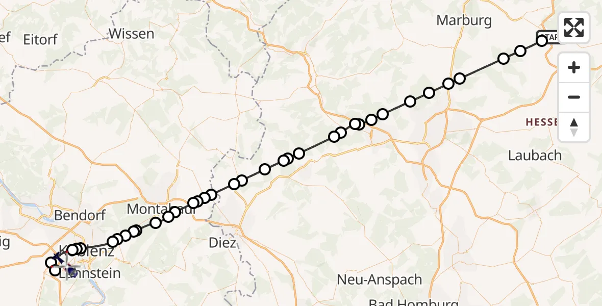 Flugroute Polizeihubschrauber Kirtorf - Koblenz-Winningen Flugplatz, 09 Juli 2026, 12:41
