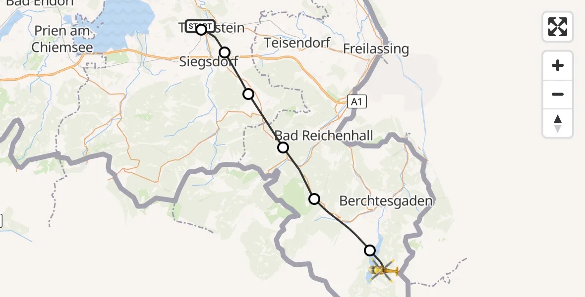 Flugroute Rettungshubschrauber Traunstein Hospital - Schönau a.Königssee, 09 Juli 2026, 12:41
