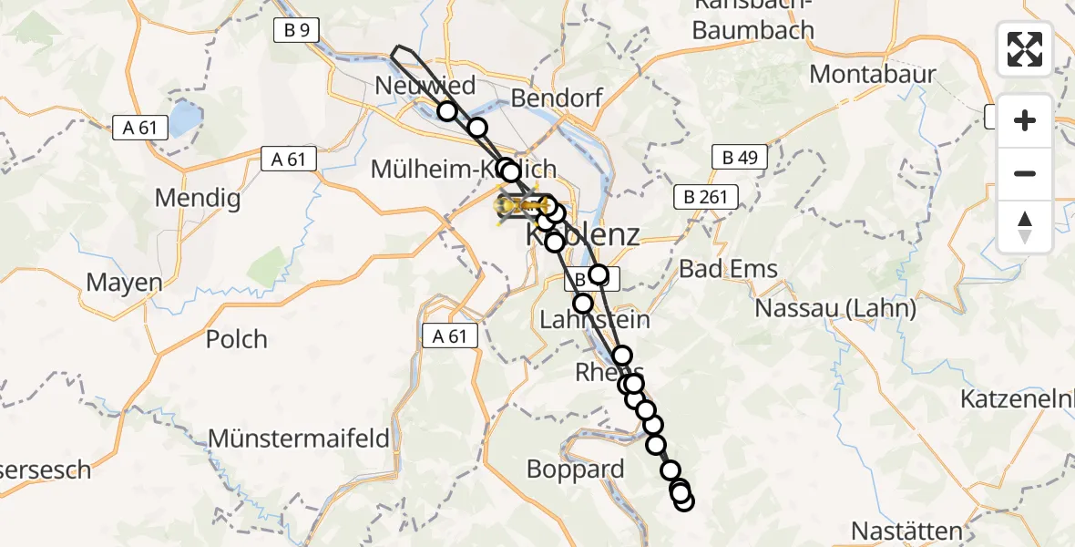 Flugroute Rettungshubschrauber Koblenz - Koblenz, 09 Juli 2026, 12:42