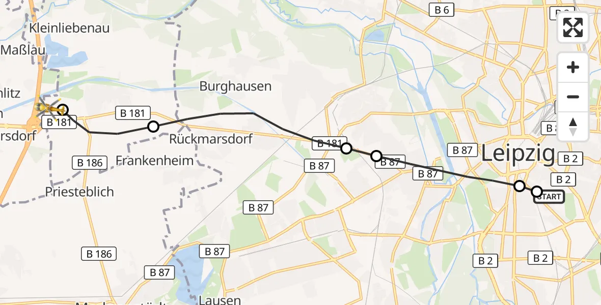 Flugroute Rettungshubschrauber Leipzig University Hospital Heliport 1 - ADAC Air Rescue Station Leipzig/Schkeuditz-Dölzig Hubschrauberlandeplatz (Christoph 61), 09 Juli 2026, 12:48
