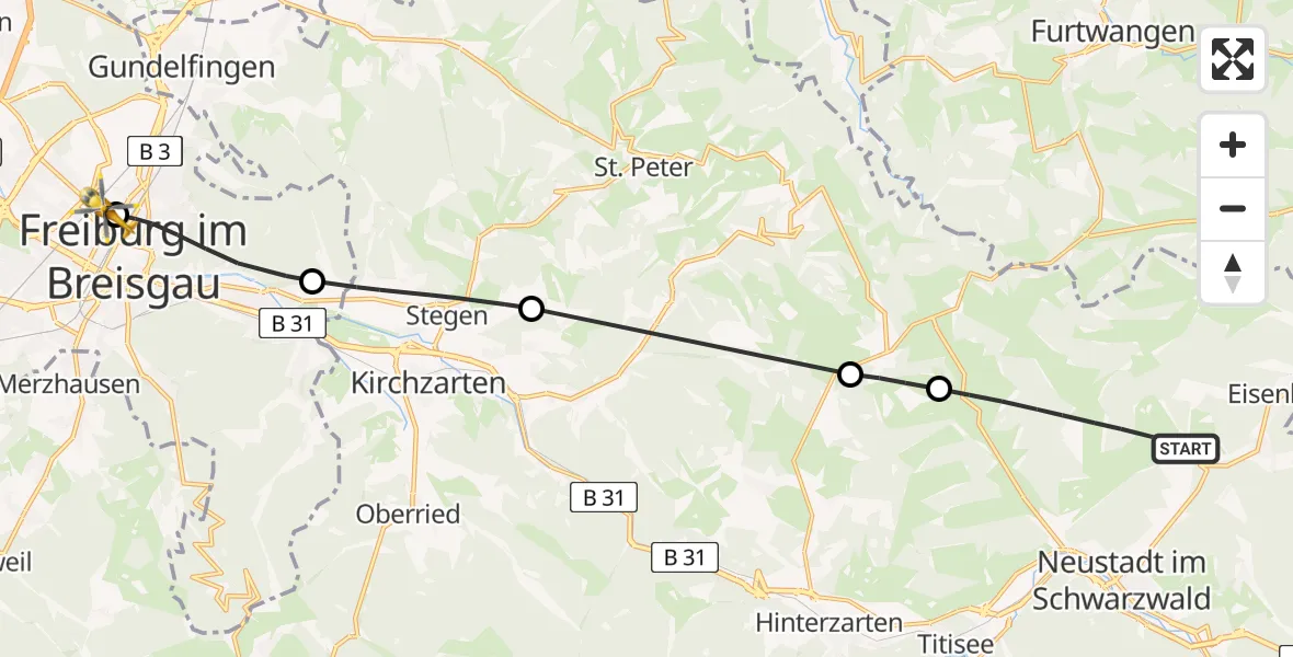 Flugroute Ambulanzhubschrauber Titisee-Neustadt - Freiburg University Hospital Heliport 2, 09 Juli 2026, 12:50