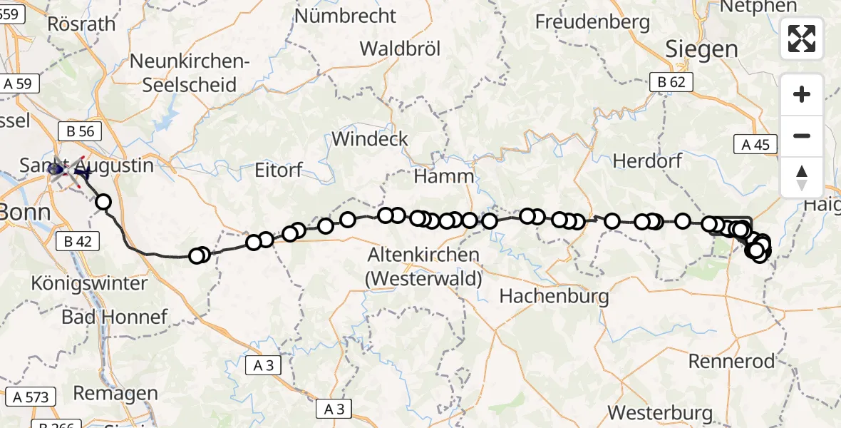 Flugroute Polizeihubschrauber Burbach - Bonn-Hangelar Flugplatz, 09 Juli 2026, 12:52