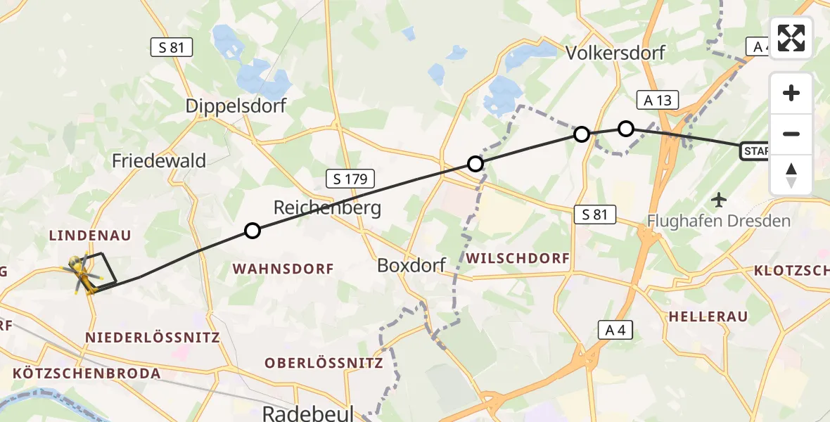 Flugroute Rettungshubschrauber Dresden Flughafen - Radebeul, 09 Juli 2026, 12:56